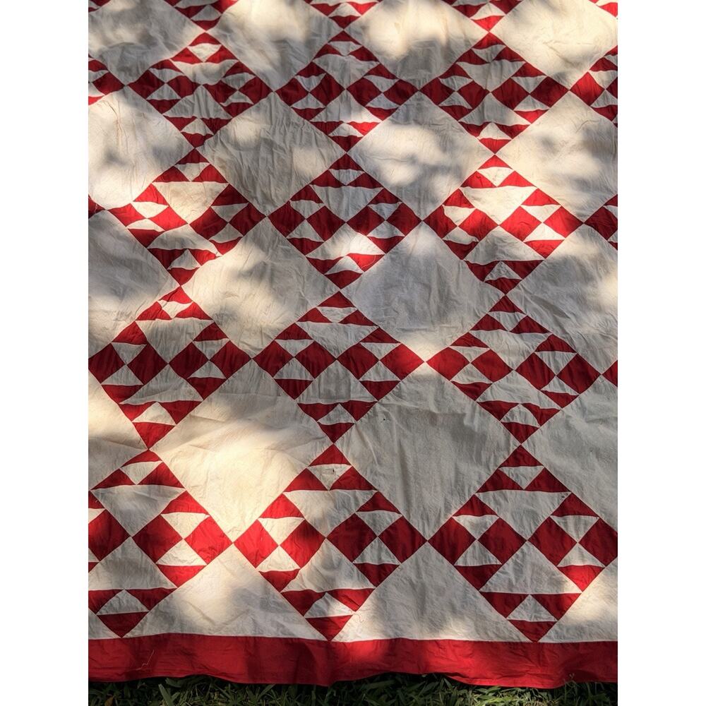 Antique Hand Pieced Red & White Quilt Top Lady of Lake 78x82 Farmhouse VGC AS IS - Picture 4 of 16